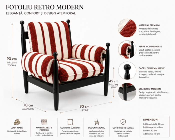 Fotoliu Retro Modern din Lemn Masiv Negru cu Tapițerie Crem și Roșu Cărămiziu [4]