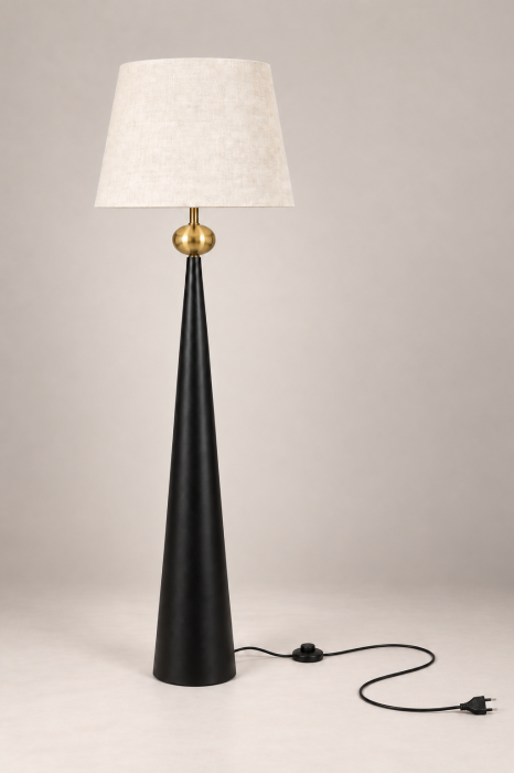 Lampadar 8443 din metal negru cu ornament auriu și abajur textil bej [2]