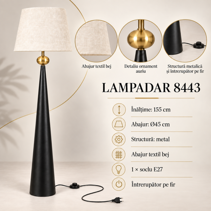 Lampadar 8443 din metal negru cu ornament auriu și abajur textil bej [3]