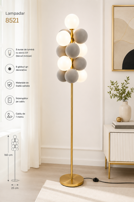 Lampadar Modern 8521 Metal Auriu cu 13 Globuri Decorative Alb Gri G9 [3]