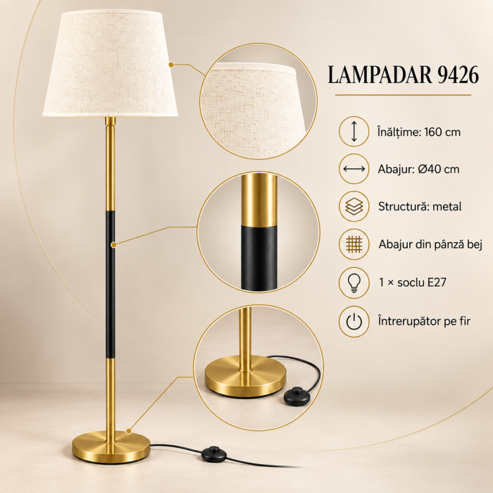 Lampadar 9426 din metal auriu și negru cu abajur conic bej [2]