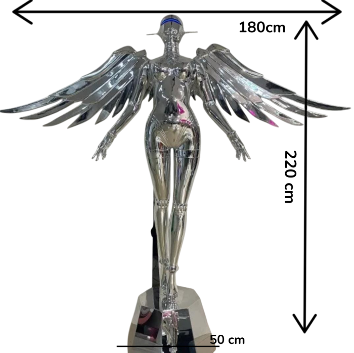 Lampadar sculptural K 8801, rășină cromată tip oglindă, înger cu aripi metalice și LED albastru, H 220 cm [5]