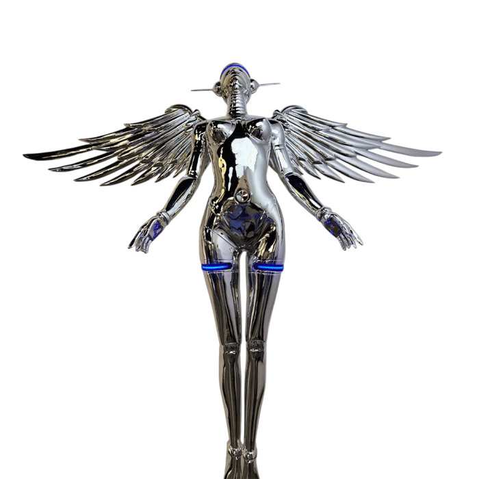 Lampadar sculptural K 8801, rășină cromată tip oglindă, înger cu aripi metalice și LED albastru, H 220 cm [3]