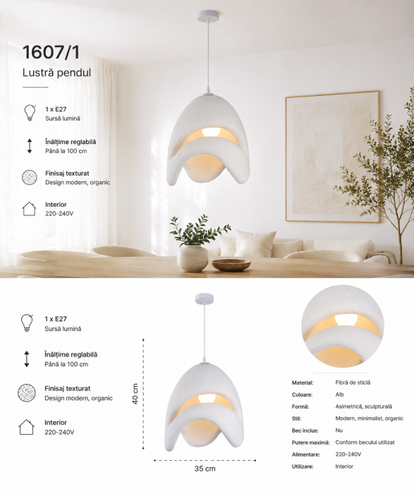 Lustră Pendul 1607/1 Albă din Fibră de Sticlă cu Design Organic Modern [4]