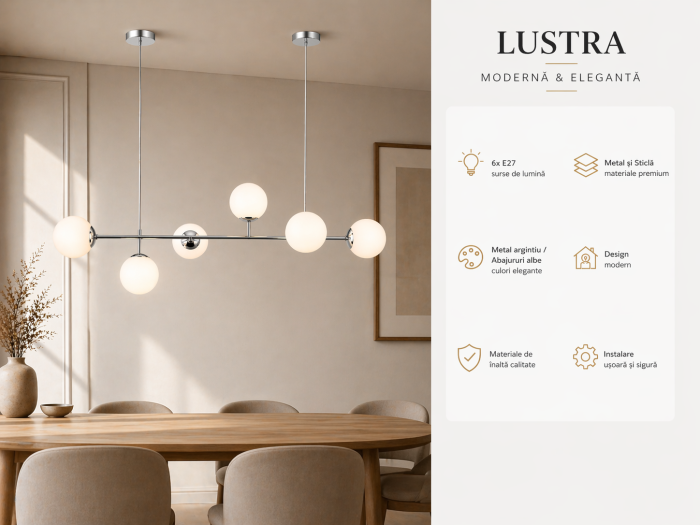 Lustra 2471/6D CH+WH – 6 becuri E27, metal argintiu + abajur alb, înălțime reglabilă [4]