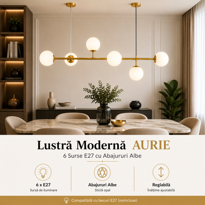 Lustră 2471/6D GD+WH – Metal Auriu cu 6 Surse E27 și Abajururi Albe, Reglabilă 120x120 cm [3]