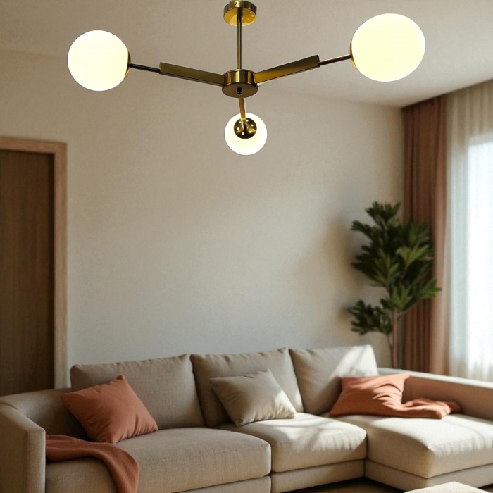 Lustră 2555/3, 3 brațe, Ø80 cm, globuri sticlă albă, metal auriu/crom, E27 [1]