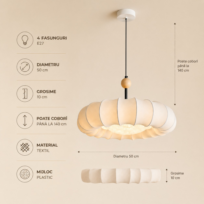 Lustra 2613/500 textila alba cu sfera lemn natur 50 cm [3]
