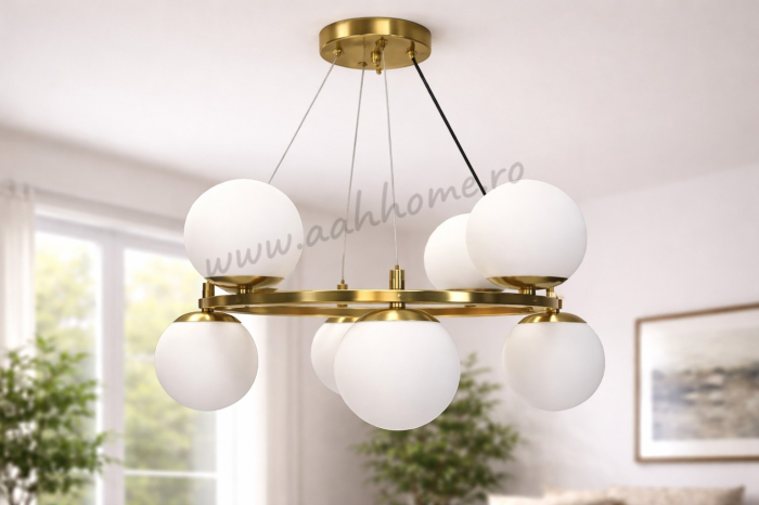 Lustra aurie moderna 2618/8 cu 8 globuri din sticla alba [2]
