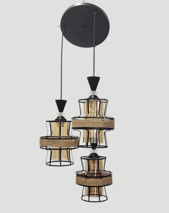 Lustră 3049/3 rustică, 3 pendule din metal negru și sticlă aurie cu sfoară decorativă, cabluri reglabile [1]