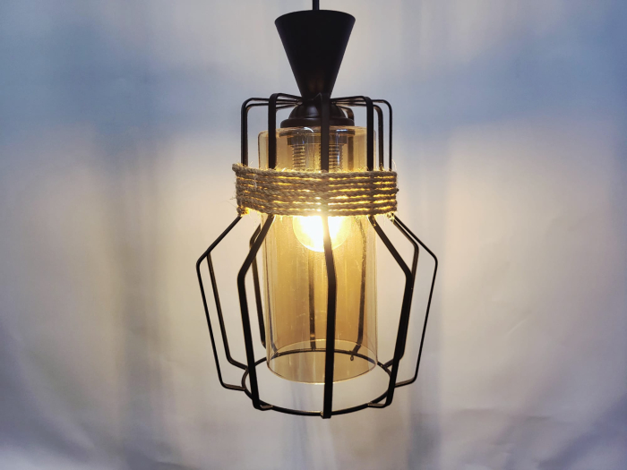 Lustră 3076/3, 3 abajururi sticlă aurie, cadru metal negru cu sfoară, cablu reglabil [3]