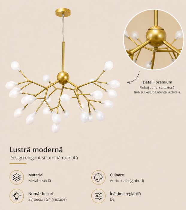 Lustra 5001/27 GD – 27 becuri G4, metal auriu + globuri albe din sticlă, design modern elegant [3]