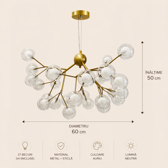 Lustra 5001/27 GD – 27 becuri G4, metal auriu + globuri din sticlă, design modern elegant, 60 cm diametru [3]