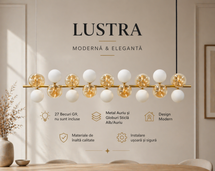 Lustră 5090/27 – 27 Becuri G9, Metal Auriu și Globuri Sticlă Alb/Auriu, Modernă [3]