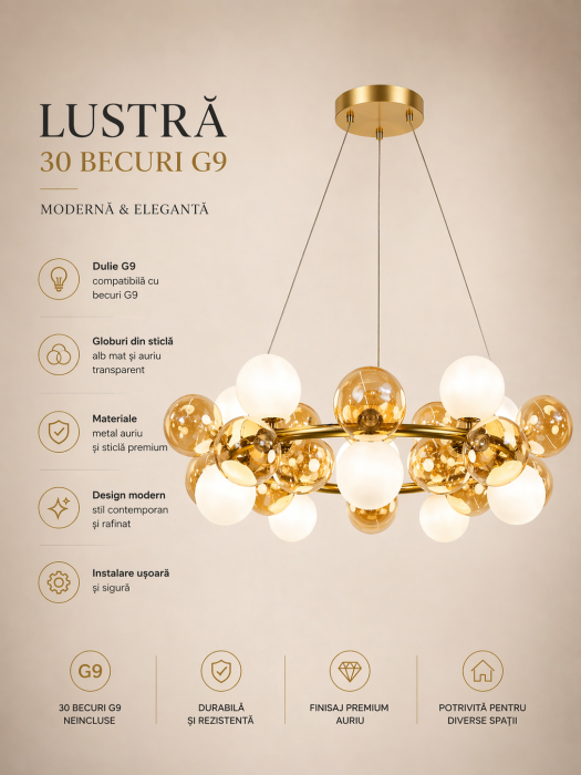 Lustră 5090/30 – 30 Becuri G9, Metal Auriu și Globuri Sticlă Alb/Auriu, Modernă [3]