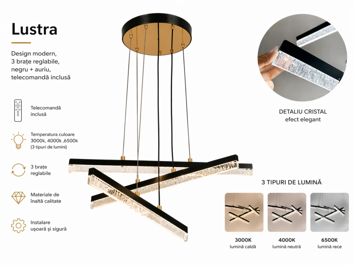 Lustra 5132/3 BK+GD – design modern, 3 brațe reglabile, negru + auriu, telecomandă inclusă [3]