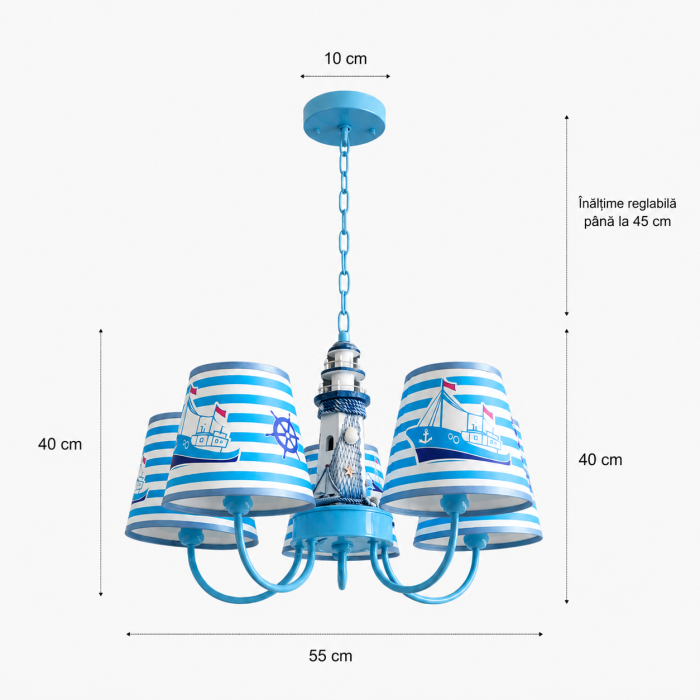 Lustră 5675/5 – Camera Copiilor, Design Albastru/Alb, 5 Becuri E27 LED, Dimensiuni 55x40x80 cm [2]