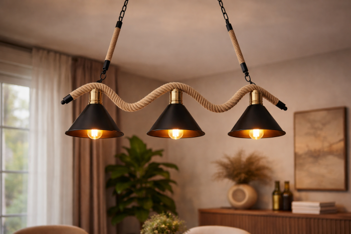 Lustră 8201/3, 3xE27, metal și sfoară crem, design retro-modern [2]