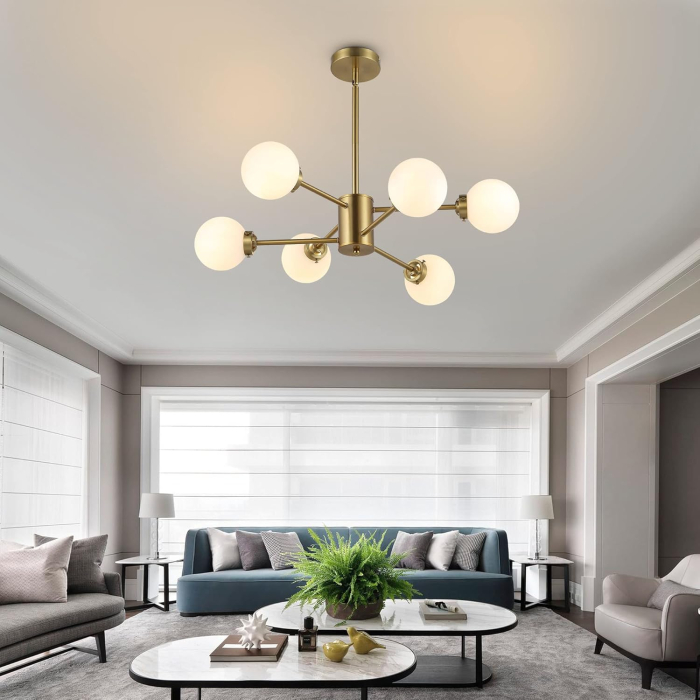 Lustră 9208/3+3 CP, metal auriu cu globuri albe mate, 6 surse de lumină, diametru 90 cm [1]