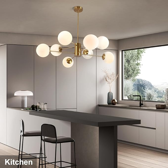 Lustră 9208/4+4 CP, metal auriu cu globuri albe mate, 8 surse de lumină, diametru 90 cm [3]