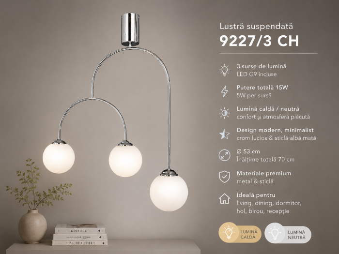 Lustră Modernă 9227/3 CH Crom Lucios cu Globuri din Sticlă Albă LED G9 [2]