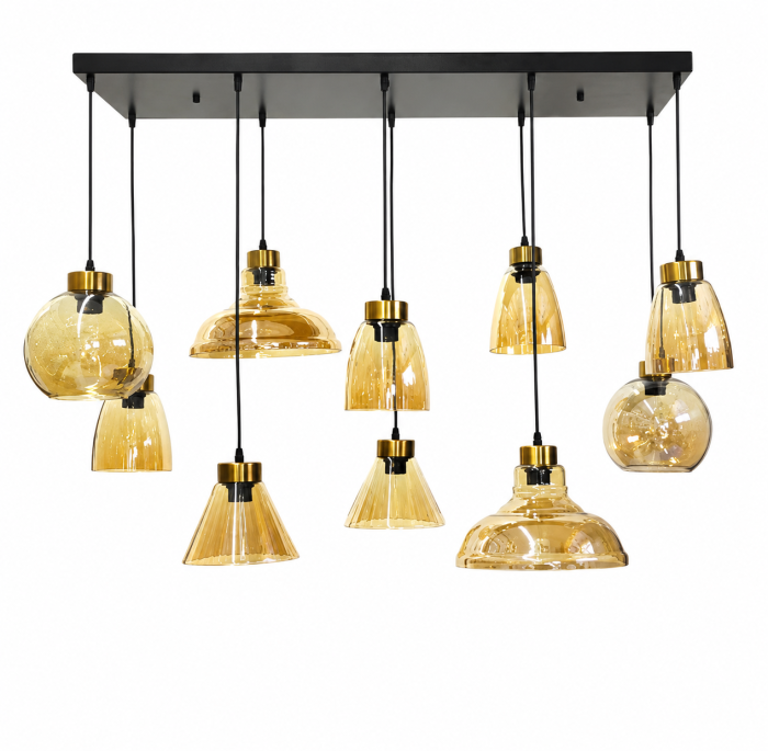 Lustră HJ2371/10H cu 10 pendule sticlă aurie, metal negru/auriu, prindere 100x30 cm, reglabilă [2]
