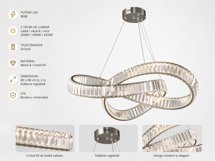 Lustra HJ2482/80 CH – LED 80W, candelabru modern minimalist, metal + cristal K9, telecomandă inclusă [3]