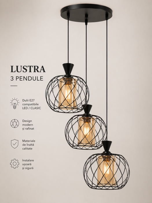 Lustră HJ3069/3 BK – 3 Pendule E27, Metal Negru și Globuri Aurii [2]