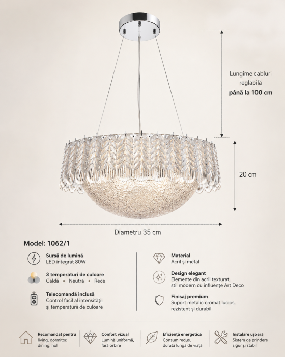 Lustră LED 1062/1 Rotundă, Acril Transparent și Crom, 3 Culori [3]