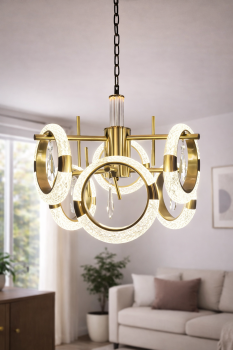 Lustră LED 210501/3+3 – 6 Cercuri Acrilice, 60W, 3 Tipuri de Lumină, Finisaj Auriu, Ø40cm [2]