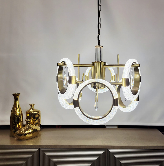 Lustră LED 210501/3+3 – 6 Cercuri Acrilice, 60W, 3 Tipuri de Lumină, Finisaj Auriu, Ø40cm [2]