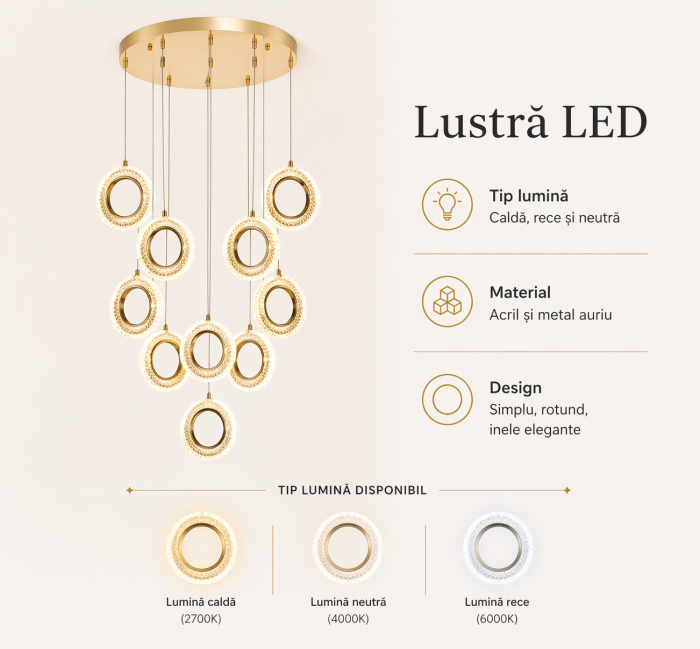 Lustră LED 229/10 – inele acril și metal auriu, lumină caldă, rece și neutră, 140W, design modern și elegant [2]