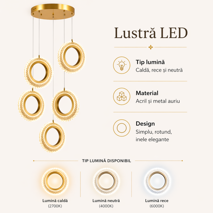 Lustră LED 229/5 – acril și metal auriu, lumină caldă, rece și neutră,70W, design modern și elegant [2]