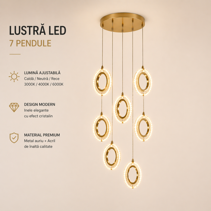 Lustră LED 229/7 – inele acril și metal auriu, lumină caldă, rece și neutră, 120W, design modern și elegant [3]