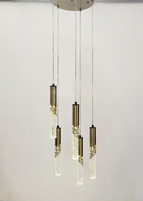 Lustră LED 5003/5 – 5 pendule elegante, auriu, soclu LED, cu lumină reglabilă pentru living, dormitor sau dining [2]