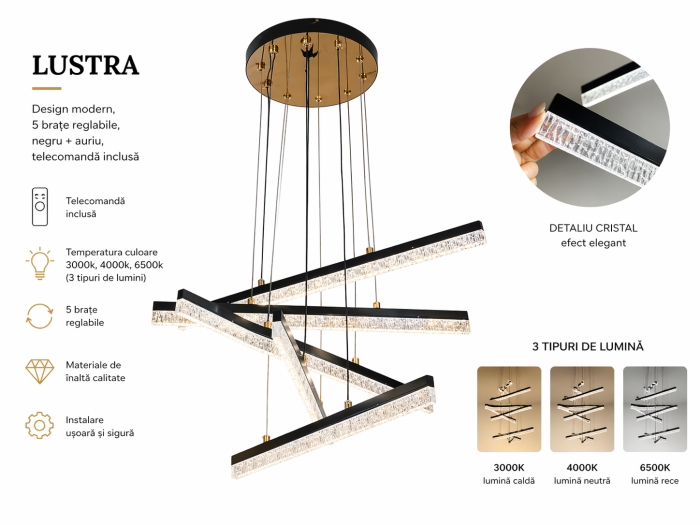 Lustră Model 5132/5 – 5 Brațe Regabile, Metal + Acril, Gold & Black, LED Reglabil [2]