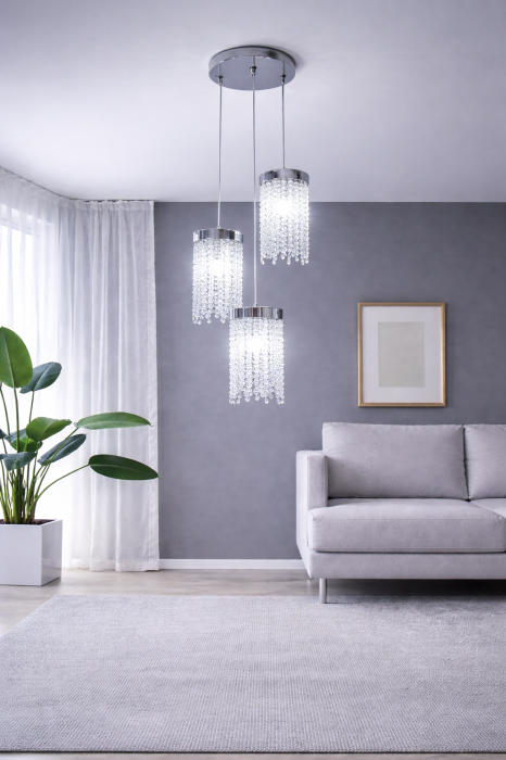 Lustră modernă 6116/3, 3 pendule cu franjuri din sticlă, auriu sau crom [2]