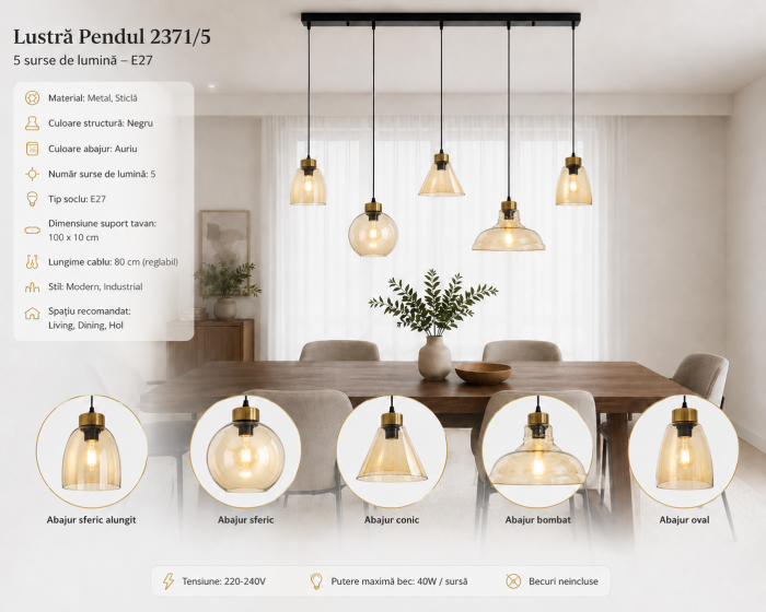 Lustră pendul 2371/5 din metal negru cu abajururi din sticlă aurie, 5 surse E27, suport tavan 100 cm [2]
