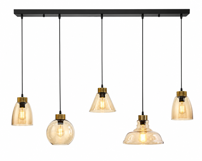 Lustră pendul 2371/5 din metal negru cu abajururi din sticlă aurie, 5 surse E27, suport tavan 100 cm [3]