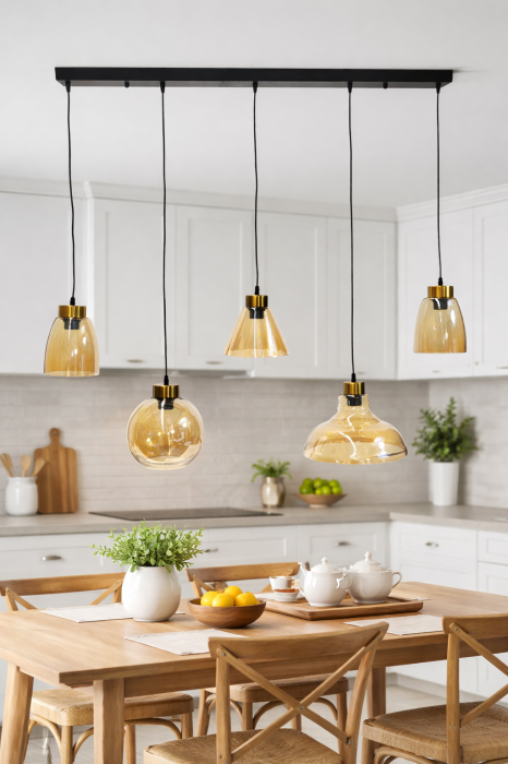 Lustră pendul 2371/5 din metal negru cu abajururi din sticlă aurie, 5 surse E27, suport tavan 100 cm [7]