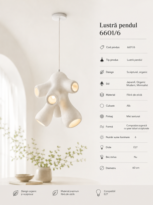 Lustră Pendul 6601/6 din Fibră de Sticlă Albă cu Design Sculptural Organic [3]