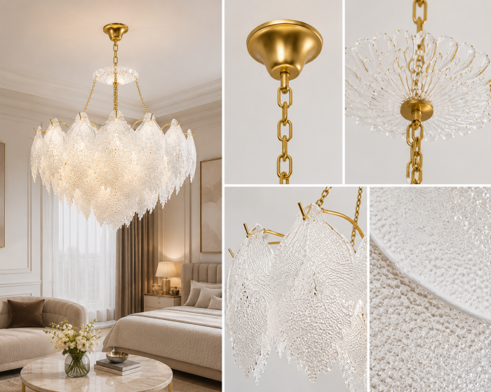 Lustră Suspendată 9104 Auriu cu Frunze Decorative din Sticlă Texturată [3]