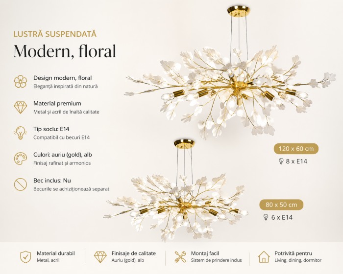 Lustră suspendată modernă 9080 cu design floral, metal auriu și acril alb, 80–120 cm [3]