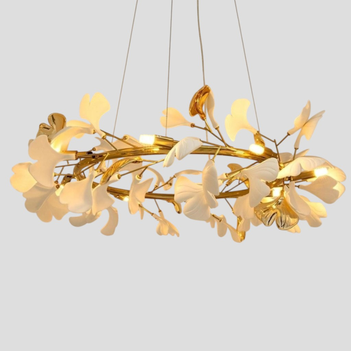 Lustră suspendată modernă 9080 cu design floral, metal auriu și petale decorative, diametru 60–80 cm [2]