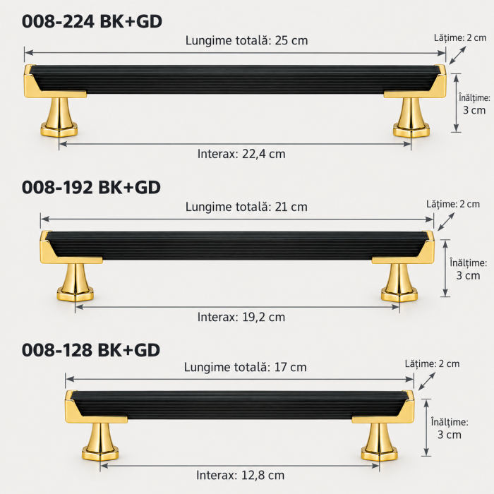 Mâner de mobilă 008 BK+GD negru cu auriu, interax 128, 192 sau 224 mm [3]