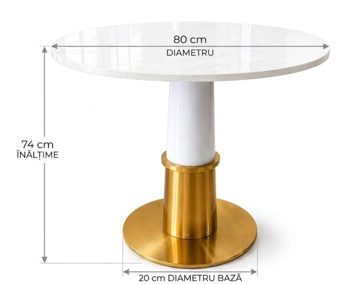 Masă 072 rotundă cu blat marmură albă și picior alb-auriu elegant [3]
