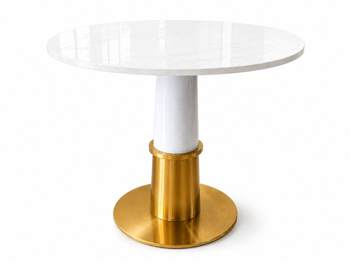 Masă 072 rotundă cu blat marmură albă și picior alb-auriu elegant [2]