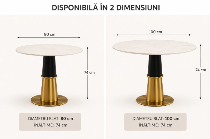 Masă 072 rotundă blat alb marmură, bază aurie și picior negru design modern [3]