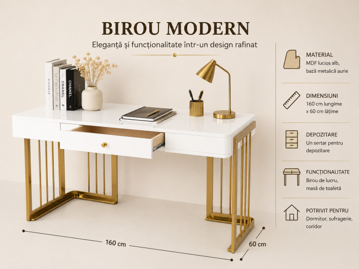 Masă 805, birou MDF lucios alb cu bază metal auriu și sertar, 160x60 cm [3]