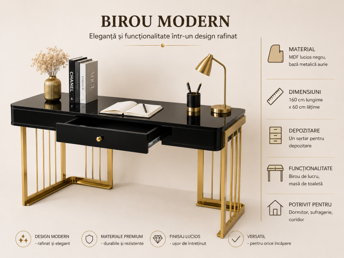 Masă 805, birou MDF lucios negru cu bază metal auriu și sertar, 160x60 cm [3]